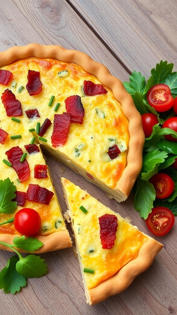 A golden-brown quiche with bacon and cheese, garnished with chives, on a rustic table with a slice cut out.